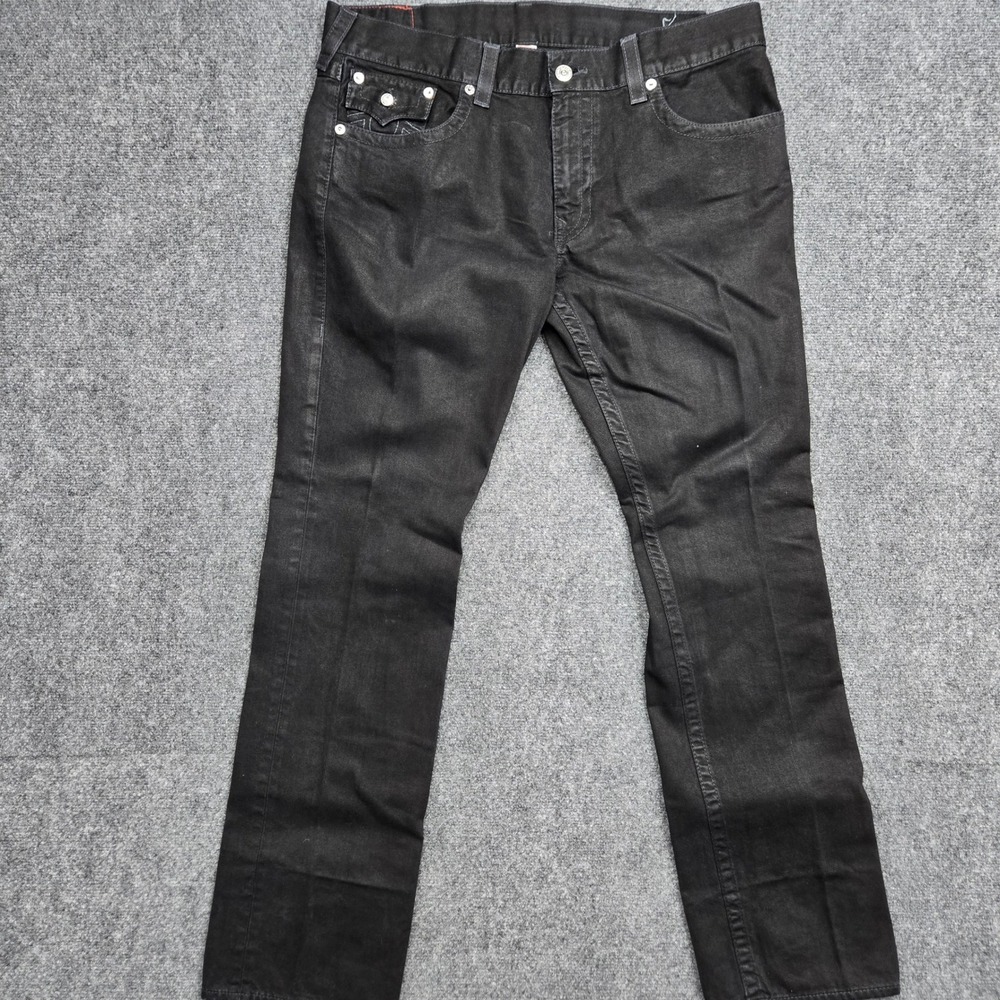 True Religion Ricky Straight Jeans Mens Size 38 Black Coated Denim Flap Pocket